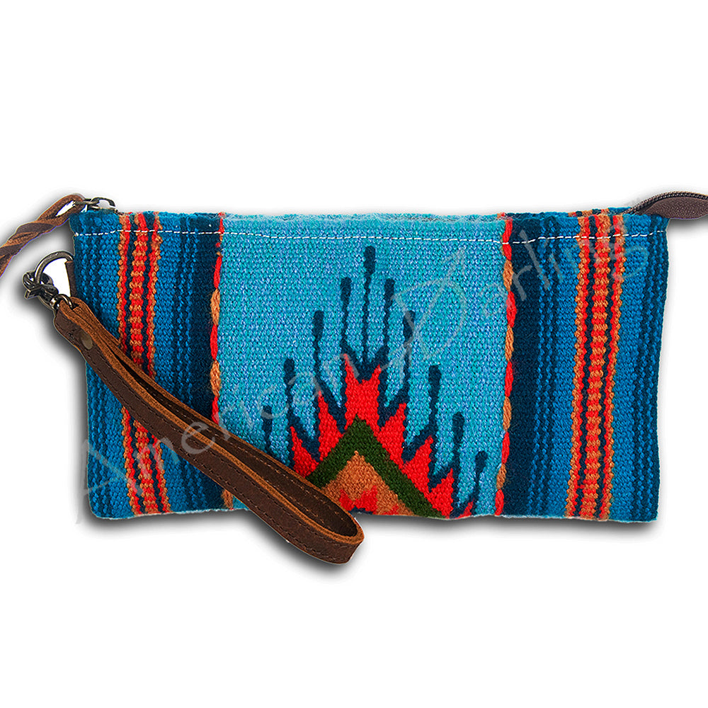 ADBG344 Southwestern Wool Wristlet Handwoven Blanket Clutch with Leather Strap