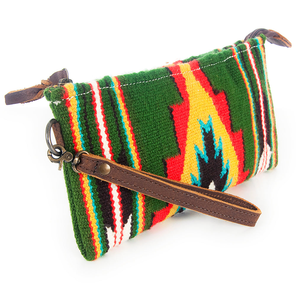ADBG344 Southwestern Wool Wristlet Handwoven Blanket Clutch with Leather Strap