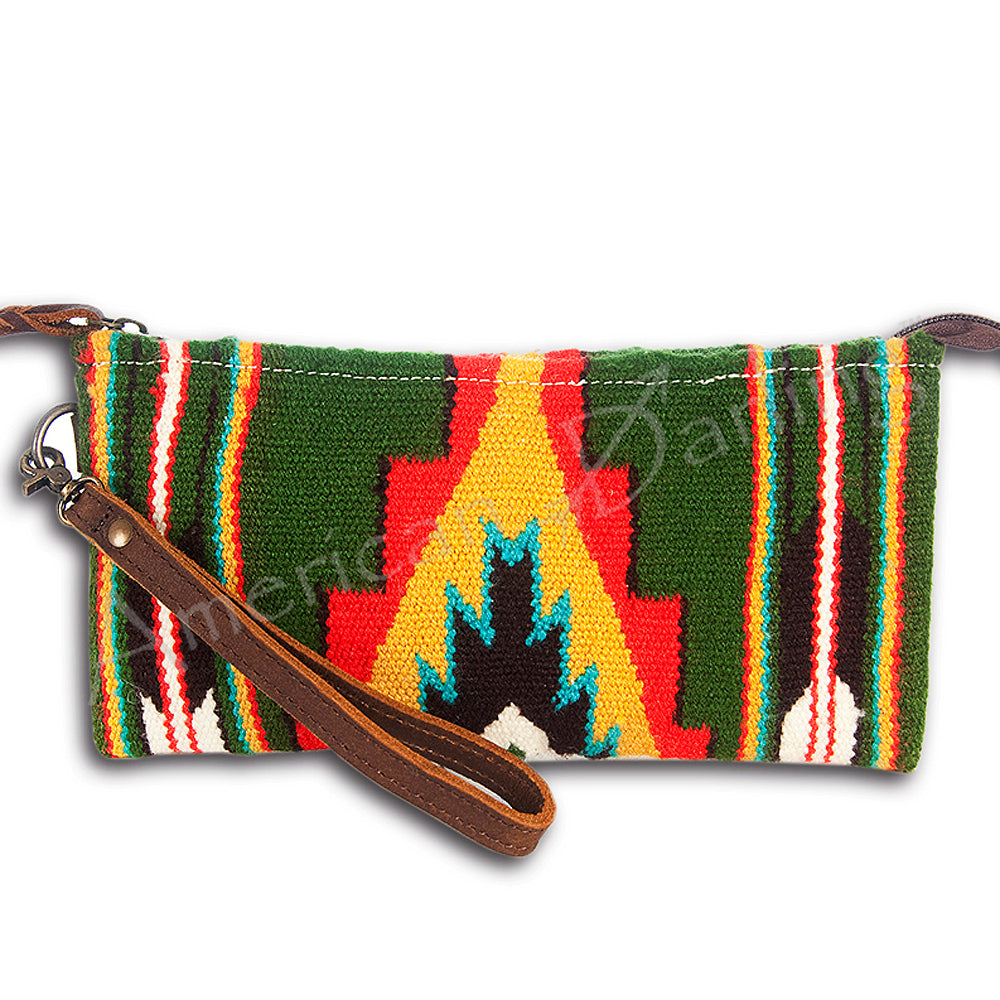 ADBG344 Southwestern Wool Wristlet Handwoven Blanket Clutch with Leather Strap