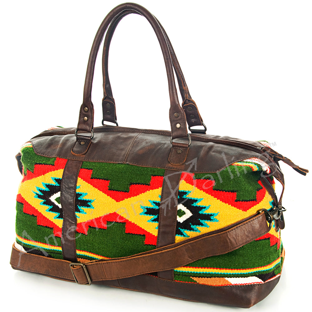 ADBG460 Southwestern Wool & Leather Duffel Bag Handwoven Saddle Blanket Travel Tote