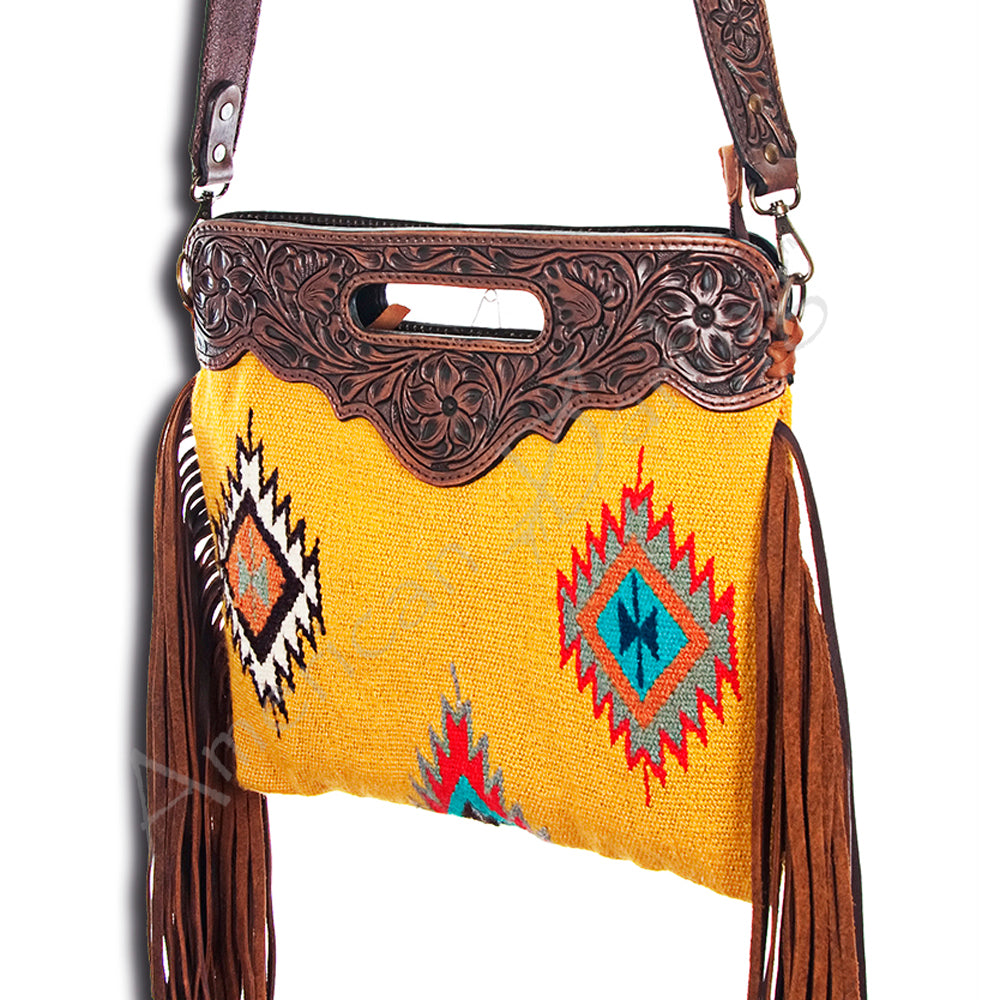 ADBG496 Hand-Tooled Leather Aztec Crossbody Bag with Wool and Fringe