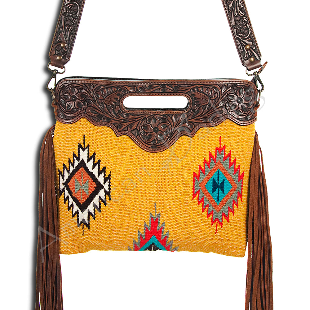 ADBG496 Hand-Tooled Leather Aztec Crossbody Bag with Wool and Fringe