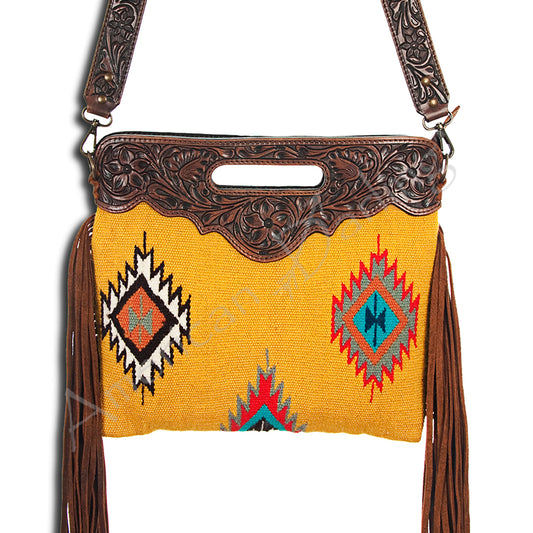 ADBG496 Hand-Tooled Leather Aztec Crossbody Bag with Wool and Fringe