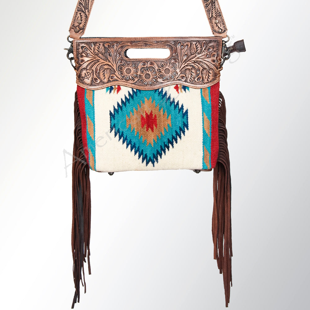 ADBG496 Hand-Tooled Leather Aztec Crossbody Bag with Wool and Fringe
