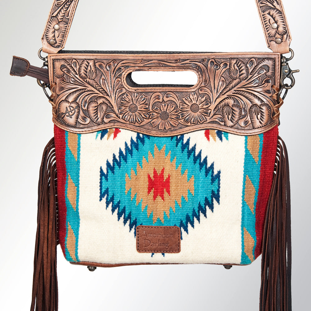ADBG496 Hand-Tooled Leather Aztec Crossbody Bag with Wool and Fringe