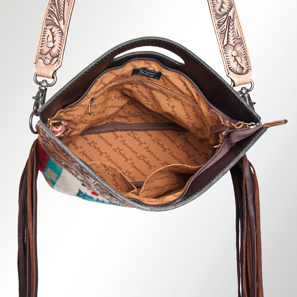ADBG496 Hand-Tooled Leather Aztec Crossbody Bag with Wool and Fringe