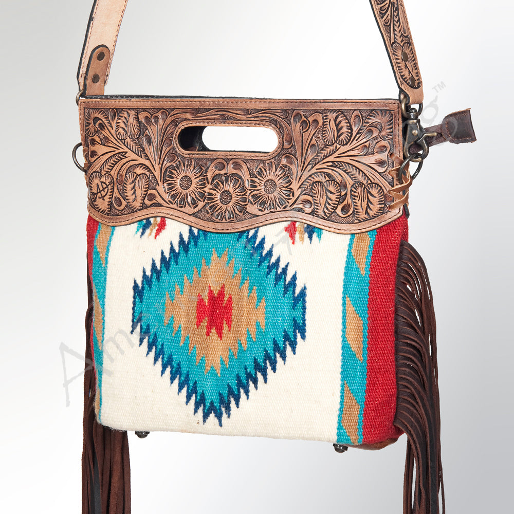ADBG496 Hand-Tooled Leather Aztec Crossbody Bag with Wool and Fringe