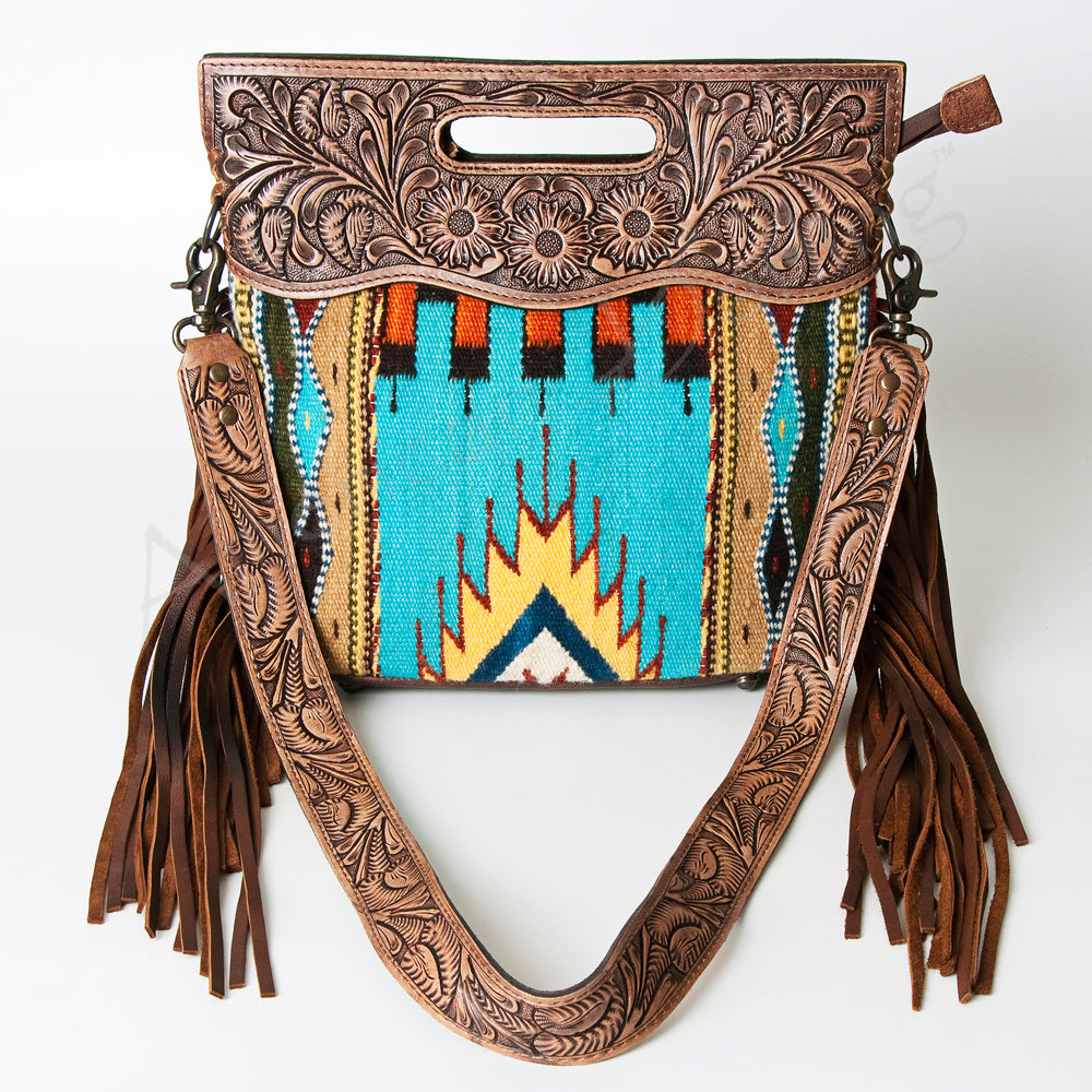 ADBG496 Hand-Tooled Leather Aztec Crossbody Bag with Wool and Fringe