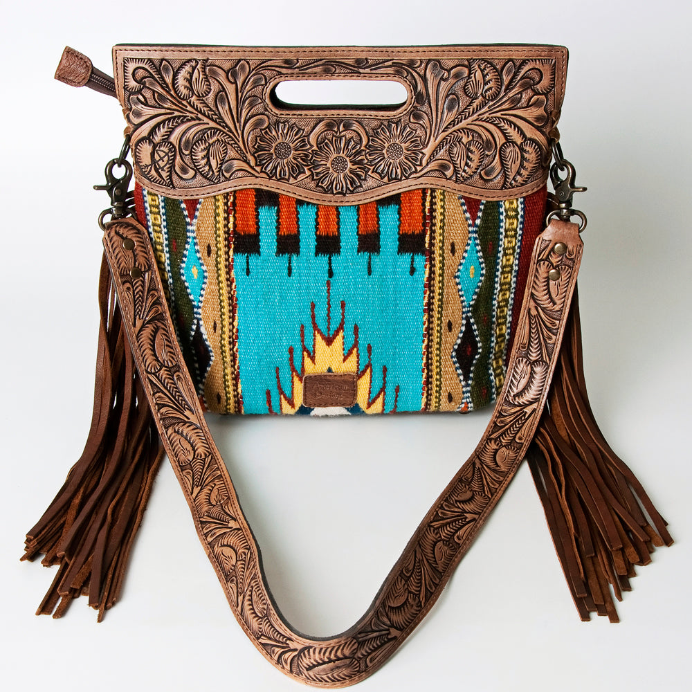 ADBG496 Hand-Tooled Leather Aztec Crossbody Bag with Wool and Fringe