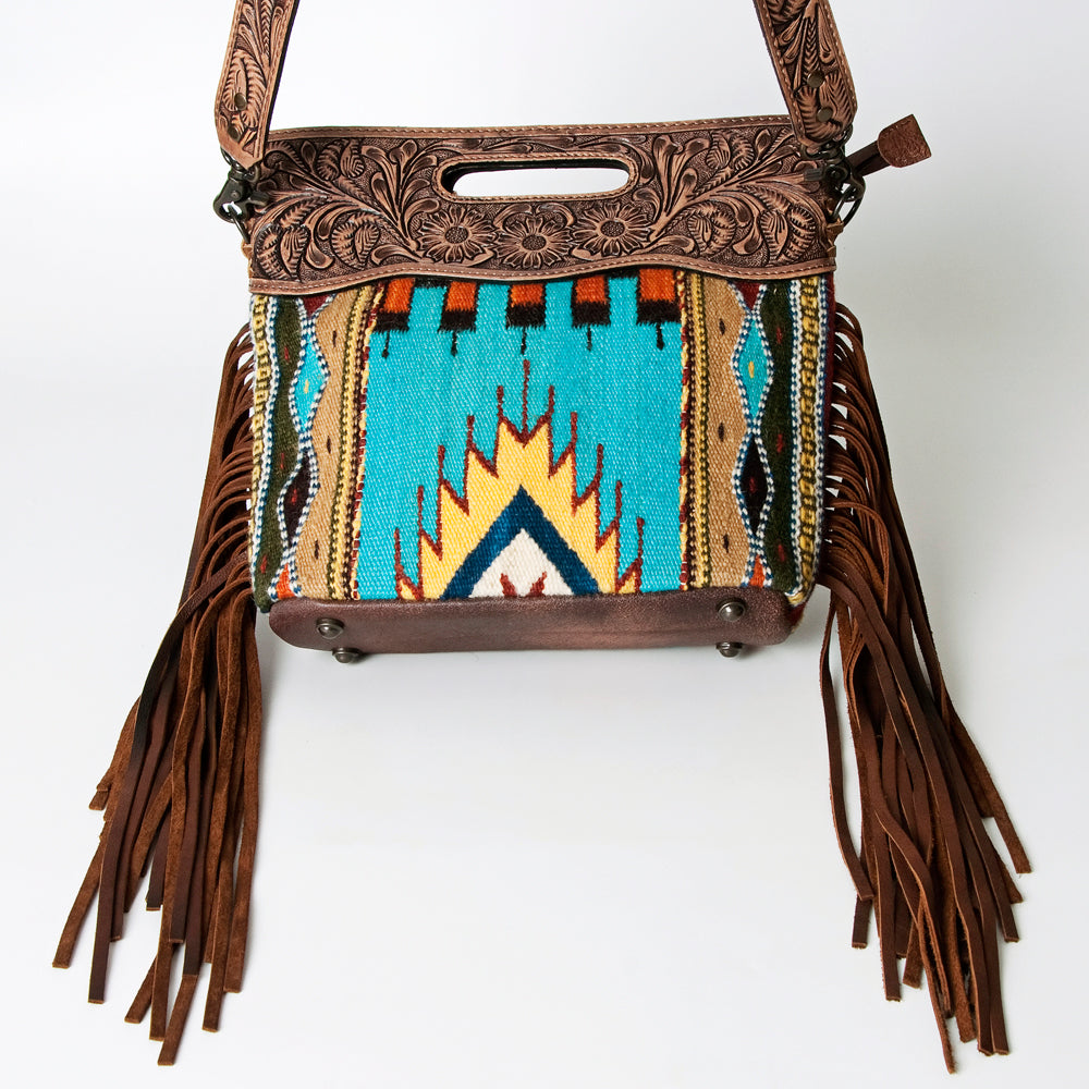 ADBG496 Hand-Tooled Leather Aztec Crossbody Bag with Wool and Fringe