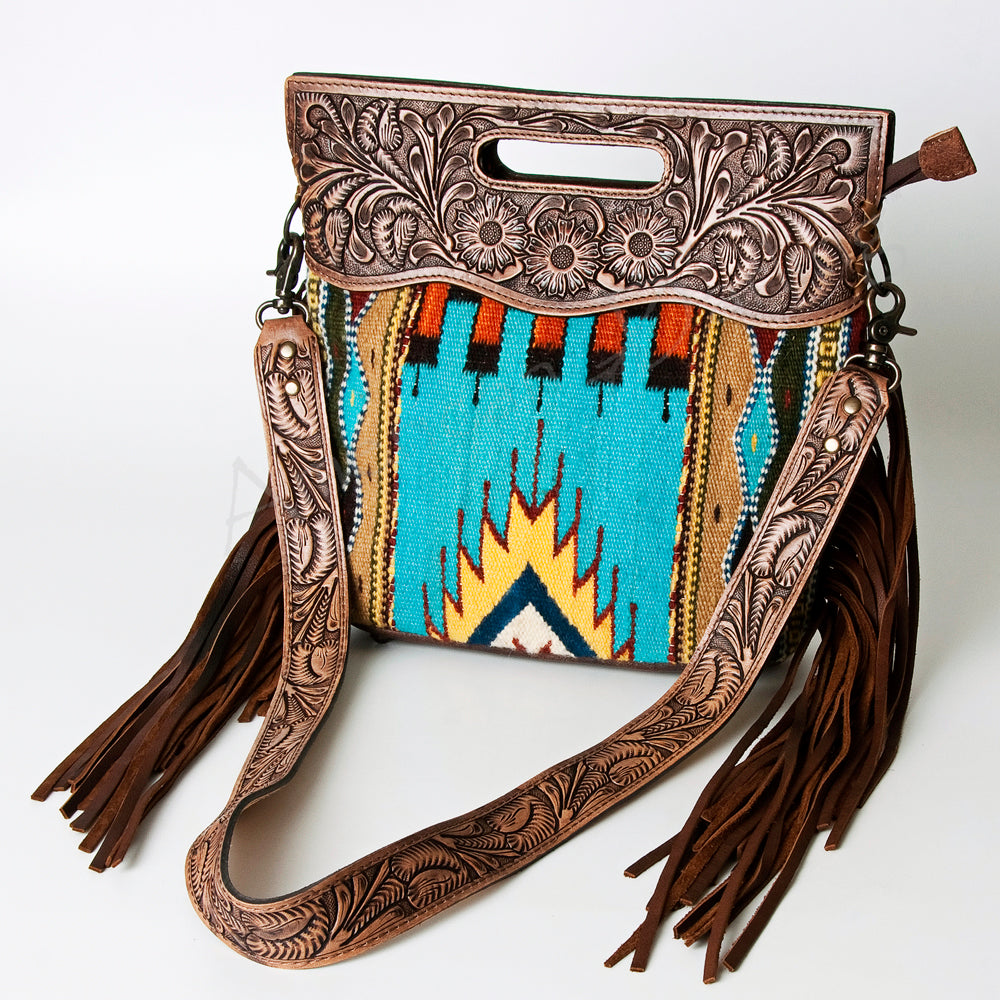 ADBG496 Hand-Tooled Leather Aztec Crossbody Bag with Wool and Fringe