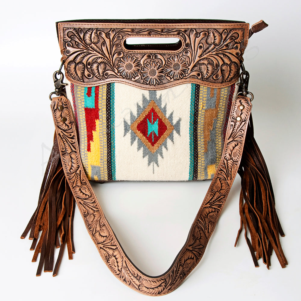 ADBG496 Hand-Tooled Leather Aztec Crossbody Bag with Wool and Fringe