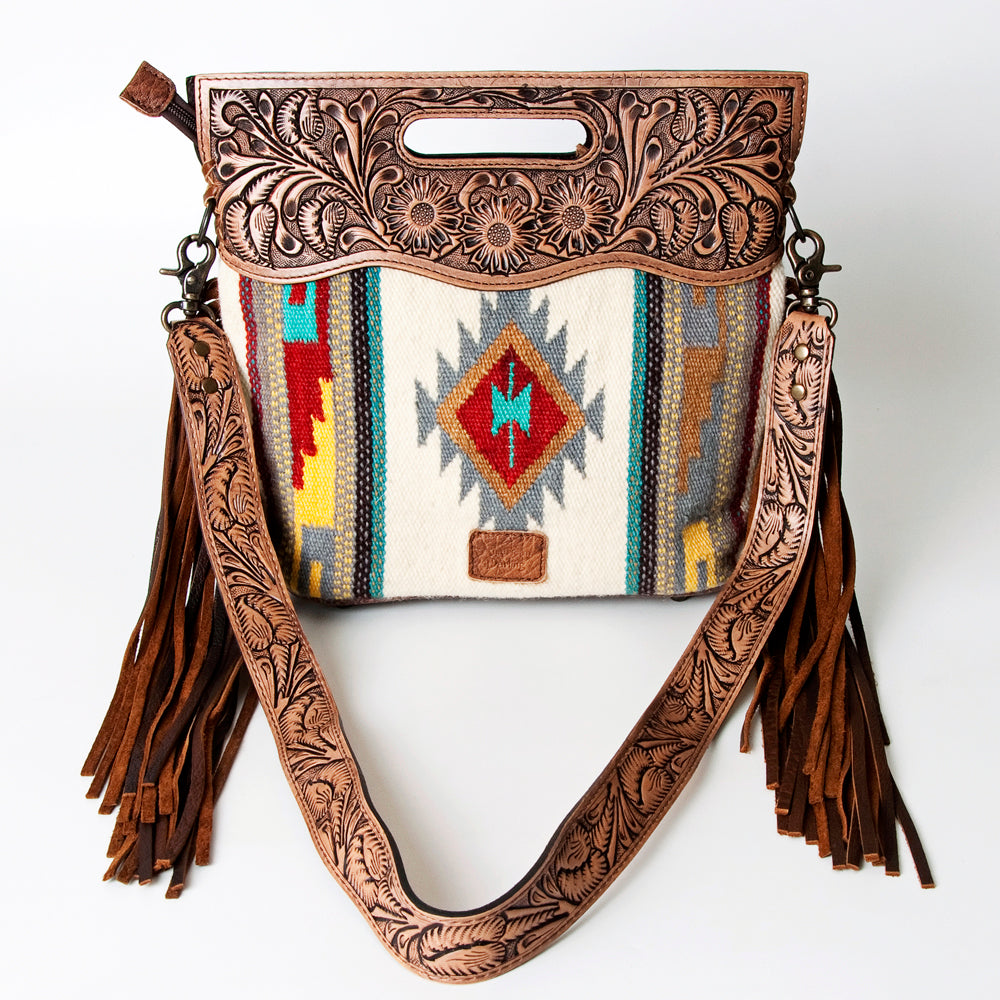 ADBG496 Hand-Tooled Leather Aztec Crossbody Bag with Wool and Fringe