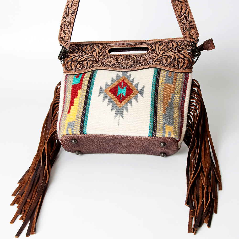 ADBG496 Hand-Tooled Leather Aztec Crossbody Bag with Wool and Fringe