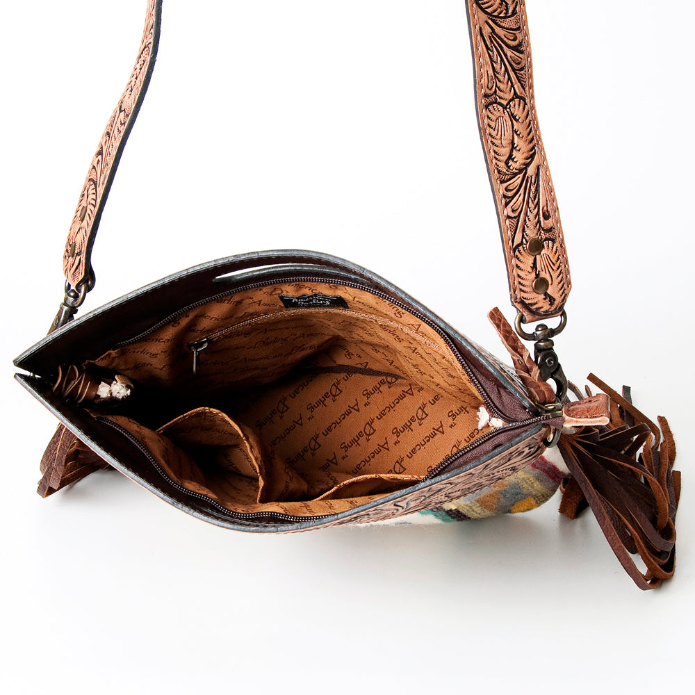 ADBG496 Hand-Tooled Leather Aztec Crossbody Bag with Wool and Fringe