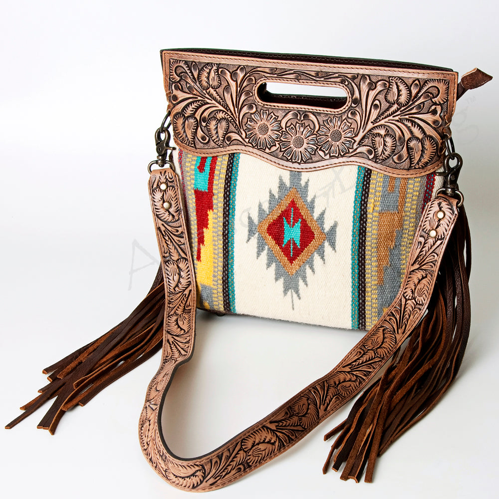 ADBG496 Hand-Tooled Leather Aztec Crossbody Bag with Wool and Fringe