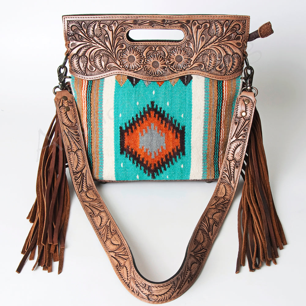 ADBG496 Hand-Tooled Leather Aztec Crossbody Bag with Wool and Fringe