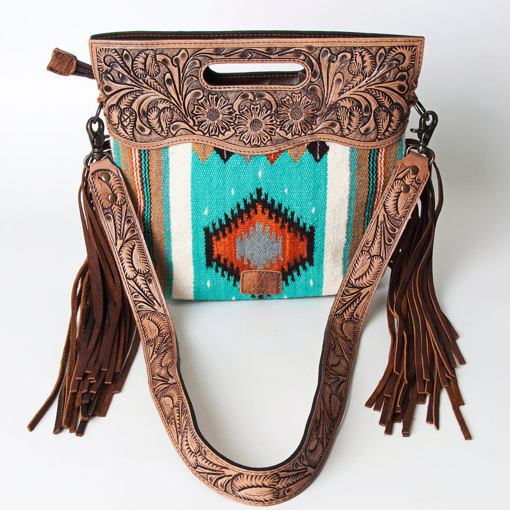 ADBG496 Hand-Tooled Leather Aztec Crossbody Bag with Wool and Fringe