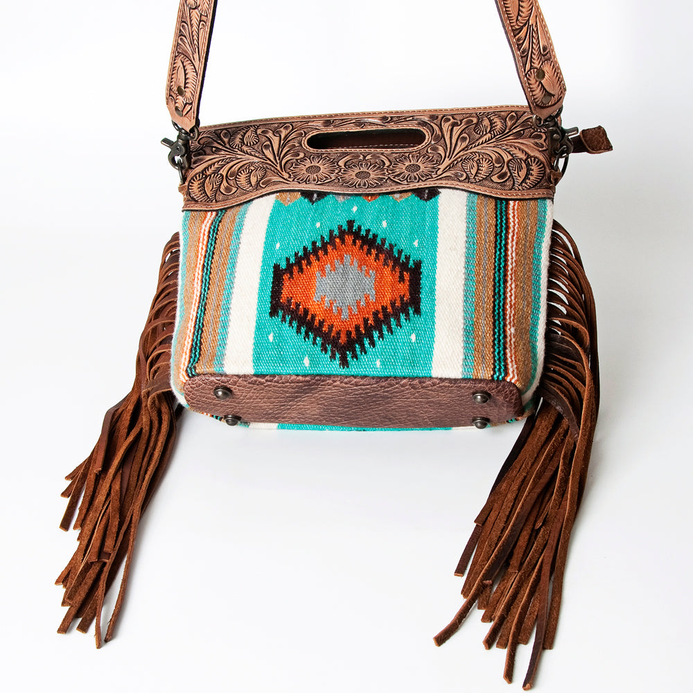 ADBG496 Hand-Tooled Leather Aztec Crossbody Bag with Wool and Fringe