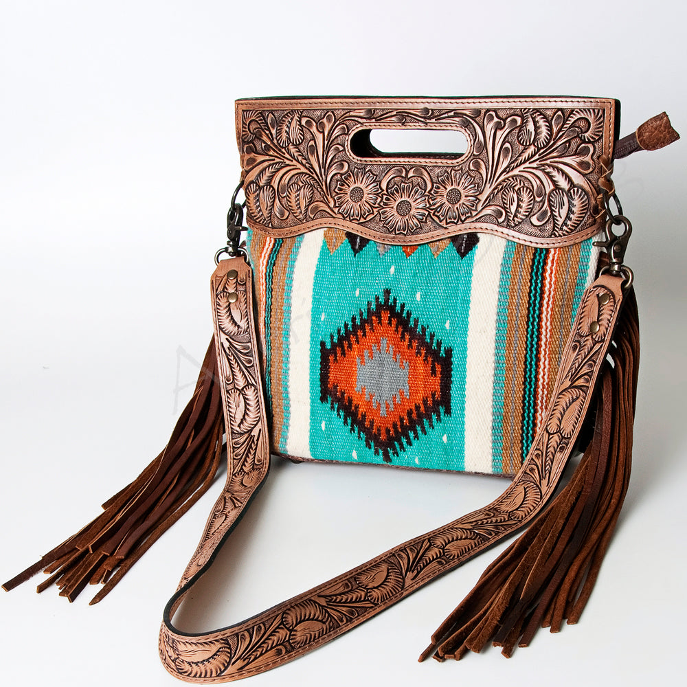 ADBG496 Hand-Tooled Leather Aztec Crossbody Bag with Wool and Fringe