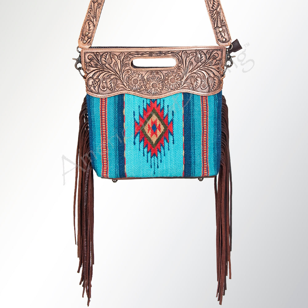 ADBG496 Hand-Tooled Leather Aztec Crossbody Bag with Wool and Fringe
