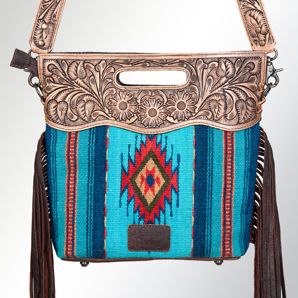 ADBG496 Hand-Tooled Leather Aztec Crossbody Bag with Wool and Fringe