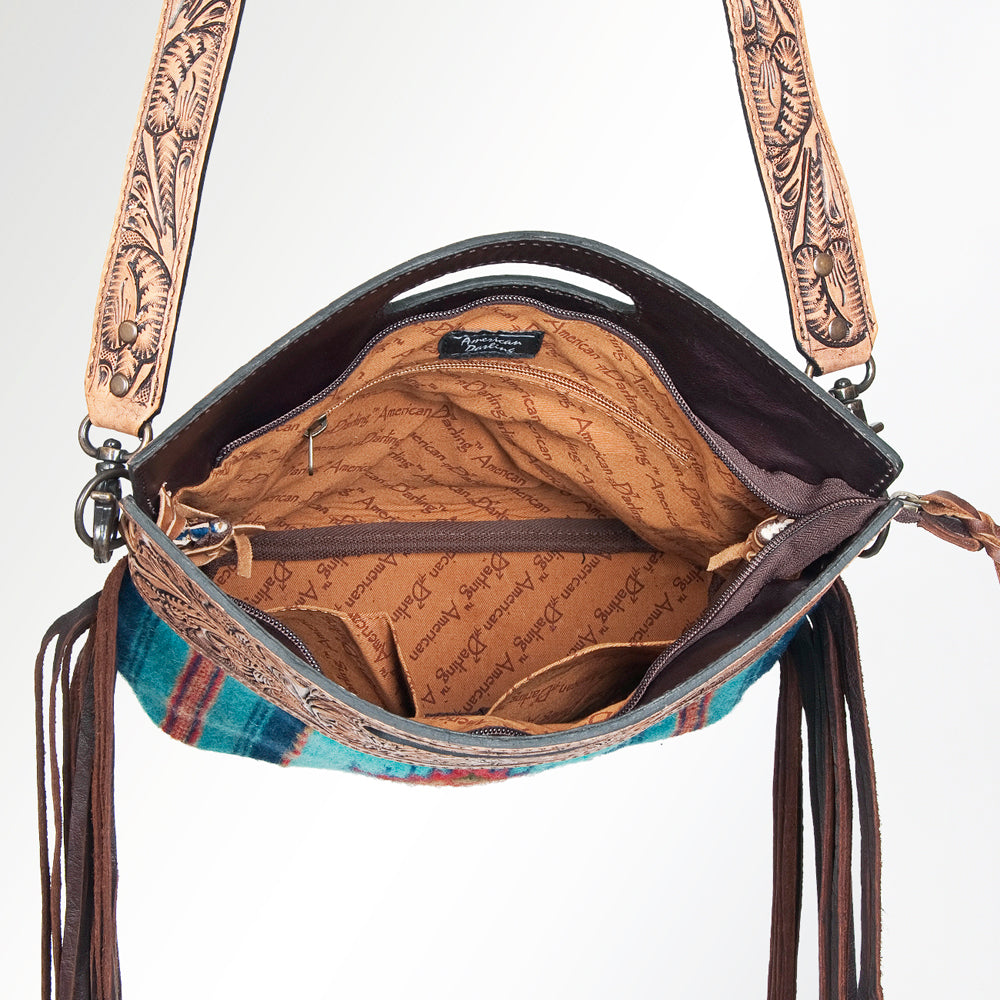 ADBG496 Hand-Tooled Leather Aztec Crossbody Bag with Wool and Fringe