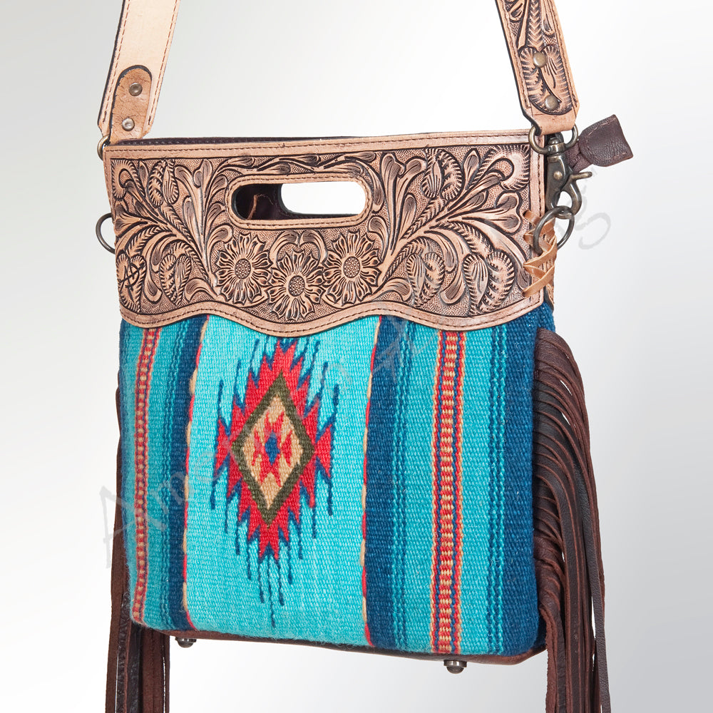 ADBG496 Hand-Tooled Leather Aztec Crossbody Bag with Wool and Fringe