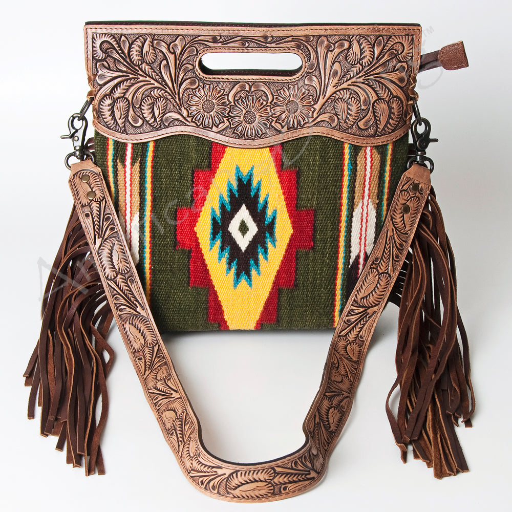 ADBG496 Diamond Aztec Wool Crossbody Bag with Hand Tooled Leather & Fringe
