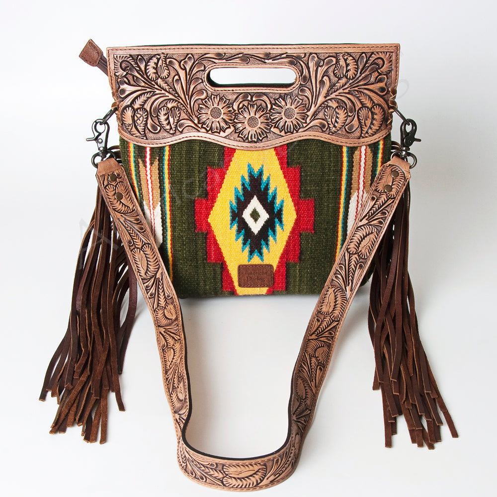 ADBG496 Diamond Aztec Wool Crossbody Bag with Hand Tooled Leather & Fringe