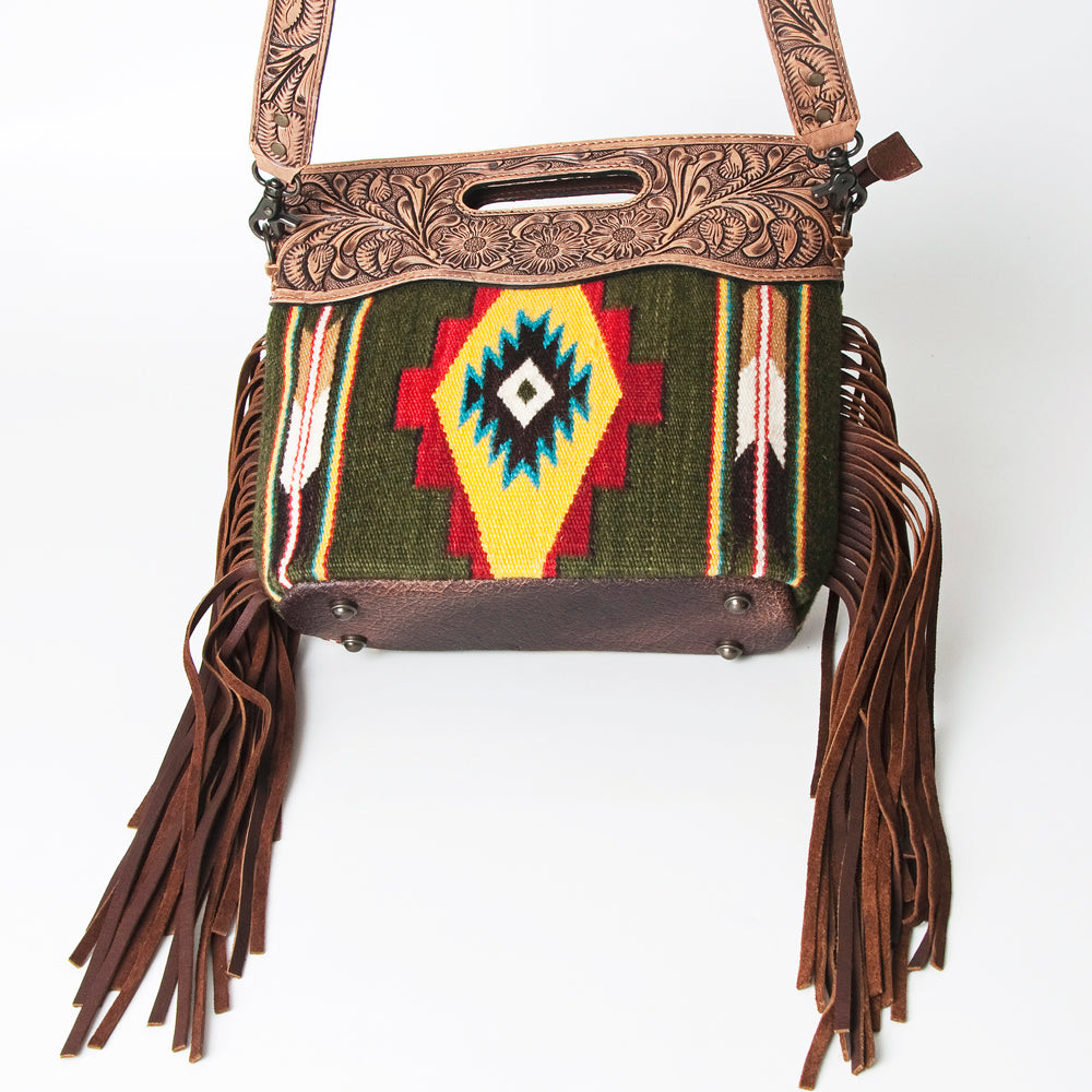 ADBG496 Diamond Aztec Wool Crossbody Bag with Hand Tooled Leather & Fringe