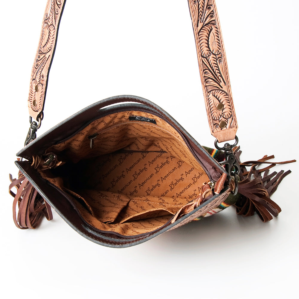 ADBG496 Diamond Aztec Wool Crossbody Bag with Hand Tooled Leather & Fringe