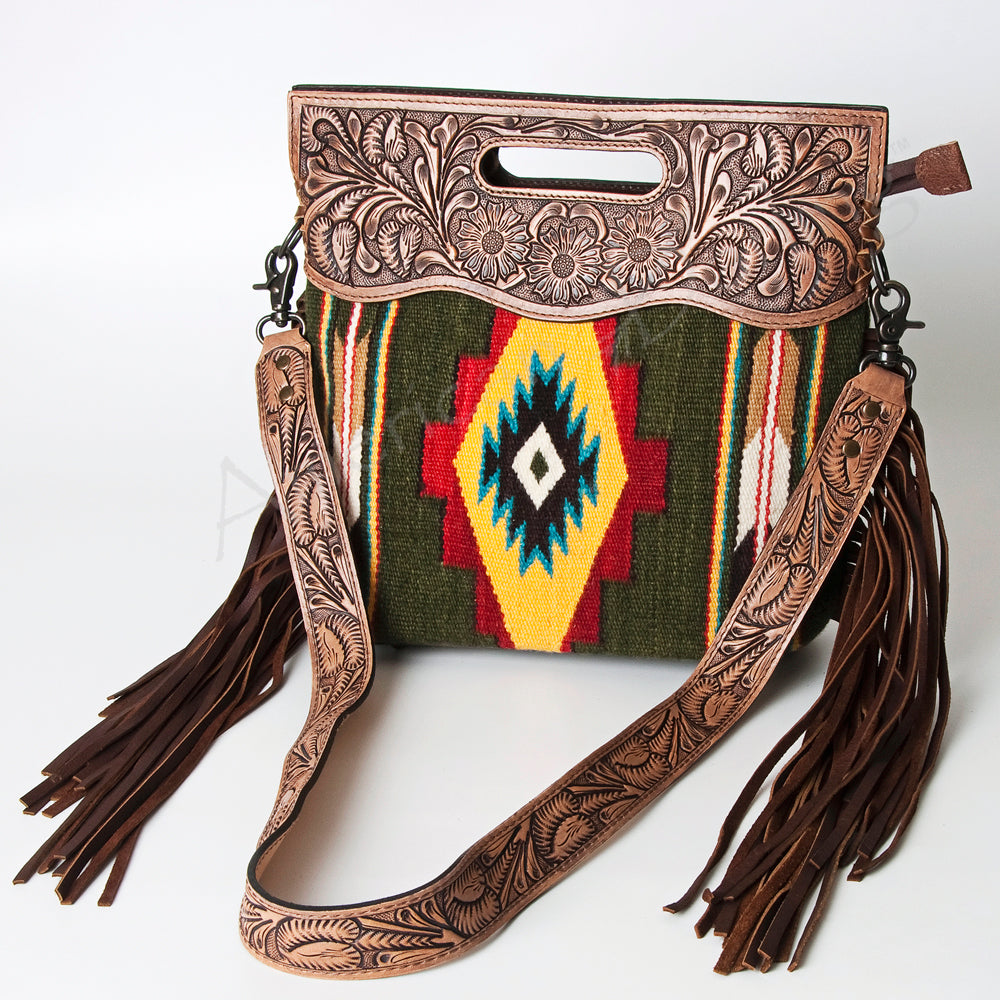 ADBG496 Diamond Aztec Wool Crossbody Bag with Hand Tooled Leather & Fringe