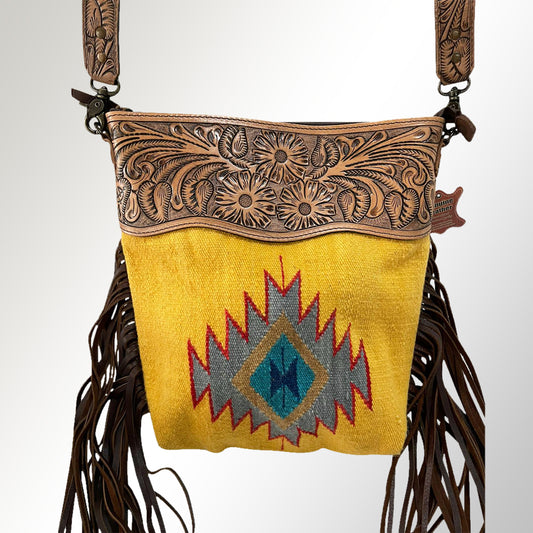 ADBG510 Tooled Leather & Saddle Blanket Crossbody Bag Paisley Western Fringe Purse by American Darling