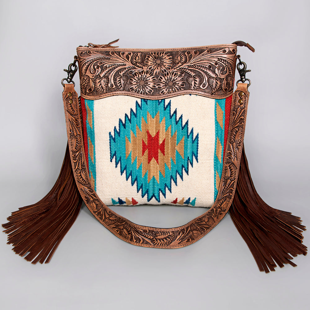 ADBG510 Tooled Leather & Saddle Blanket Crossbody Bag Western Fringe Purse by American Darling