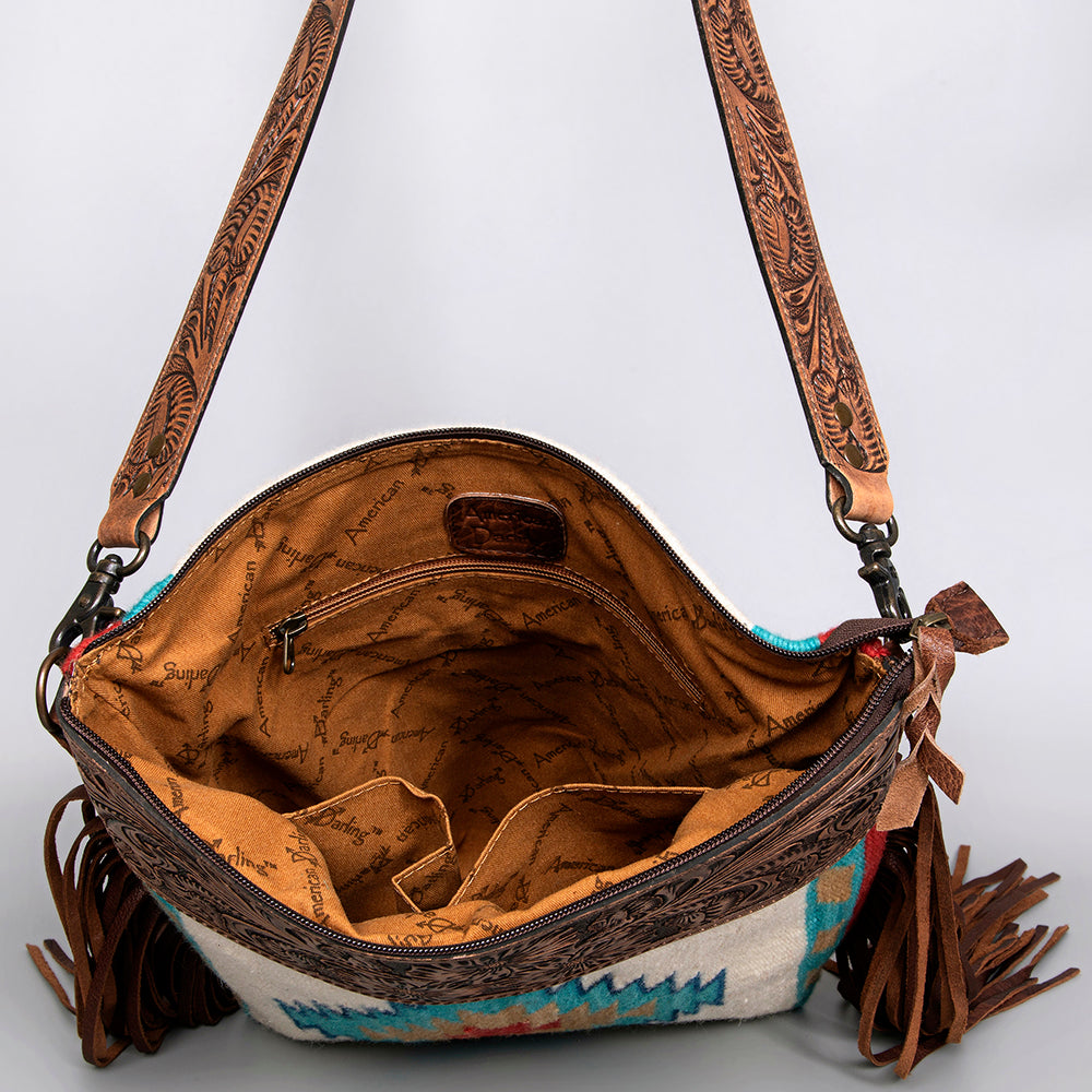 ADBG510 Tooled Leather & Saddle Blanket Crossbody Bag Western Fringe Purse by American Darling