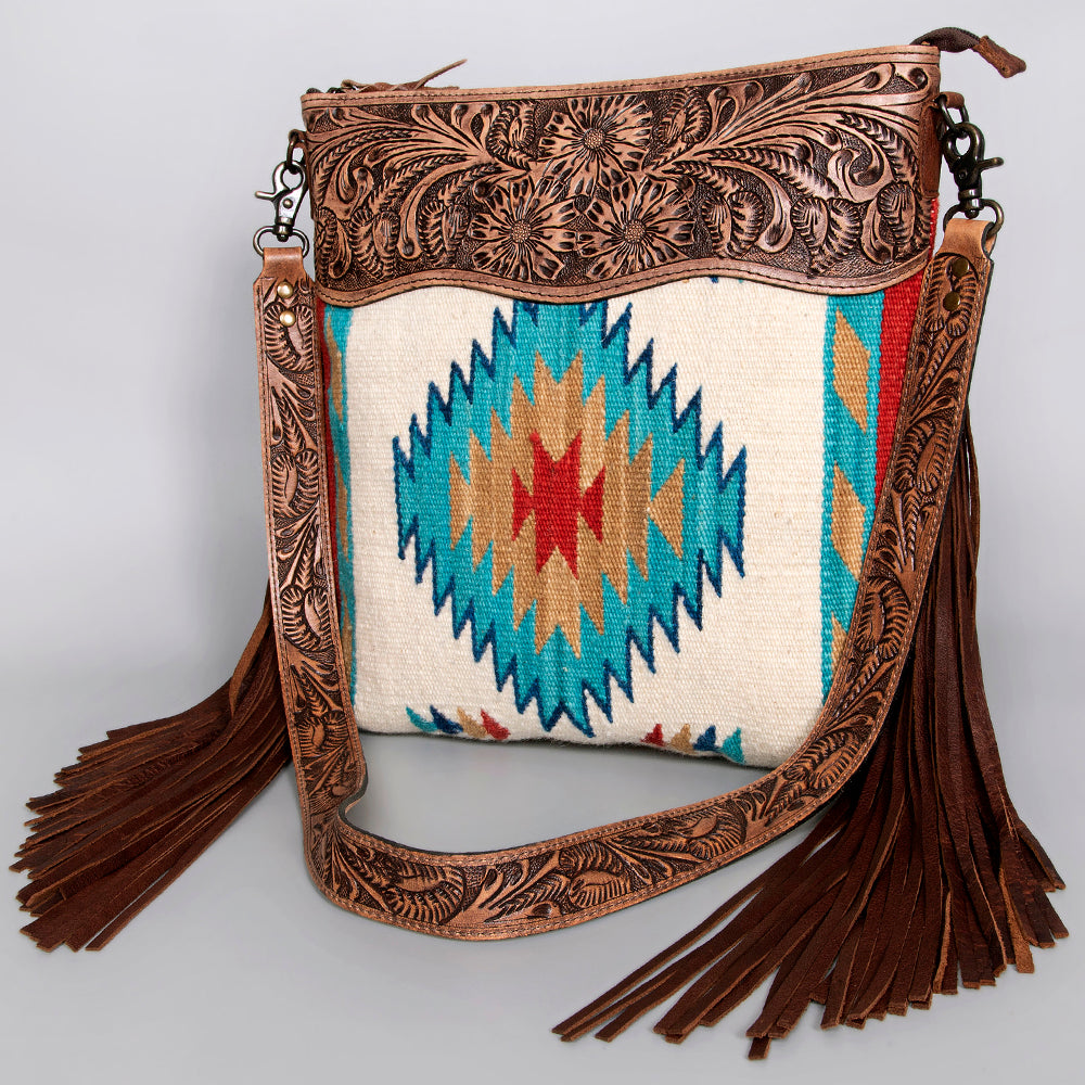 ADBG510 Tooled Leather & Saddle Blanket Crossbody Bag Western Fringe Purse by American Darling