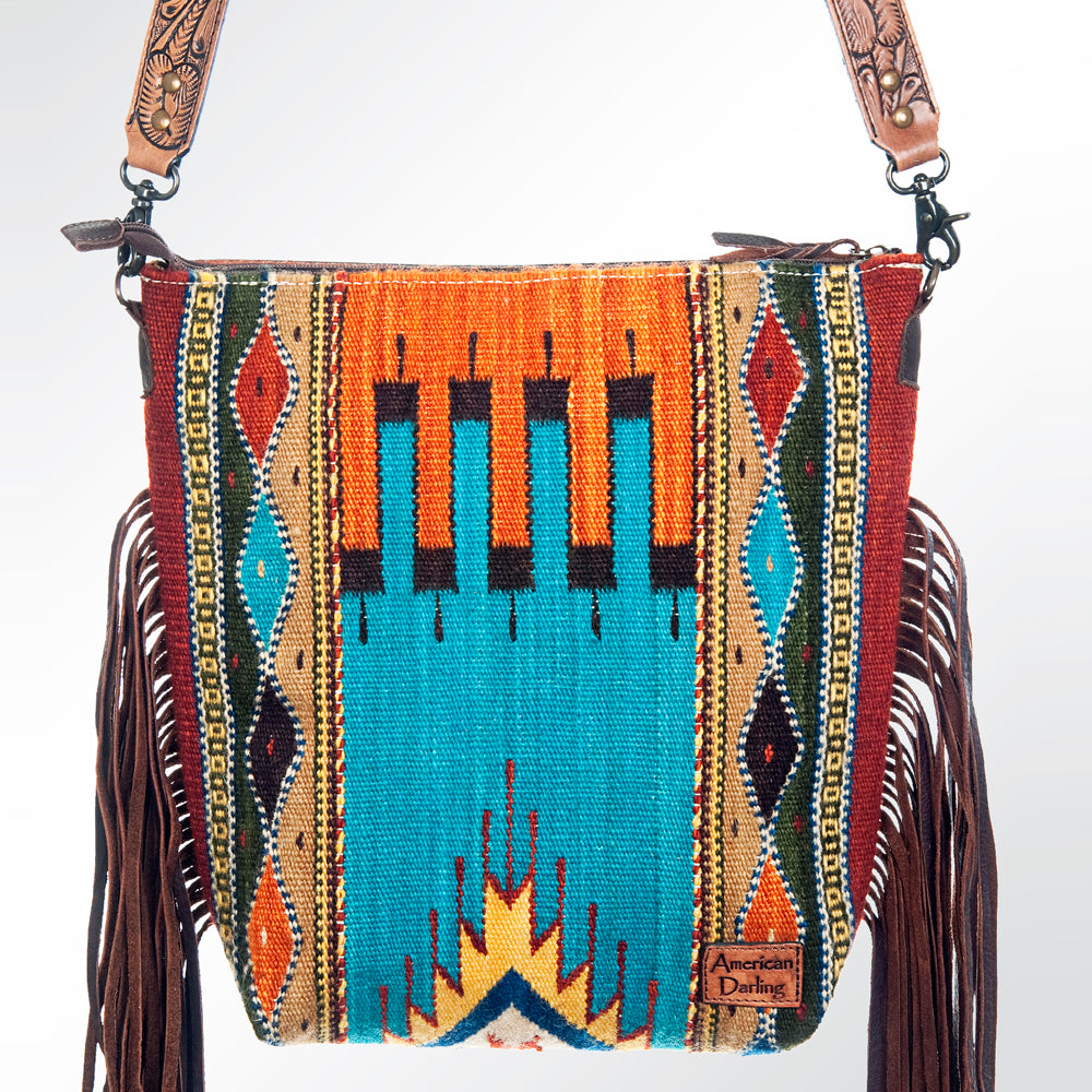 ADBG510 Tooled Leather & Saddle Blanket Crossbody Bag Western Fringe Purse by American Darling