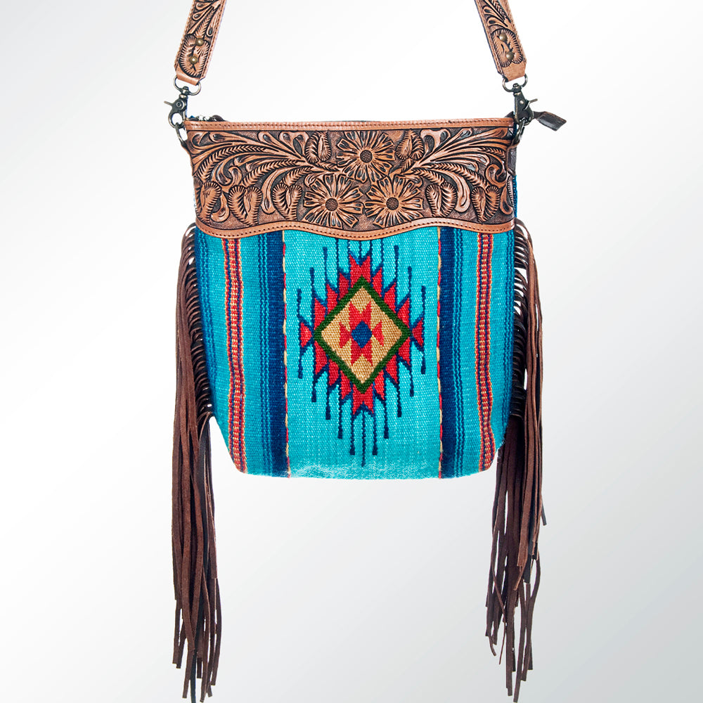 ADBG510 Tooled Leather & Saddle Blanket Crossbody Bag - Western Fringe Purse by American Darling
