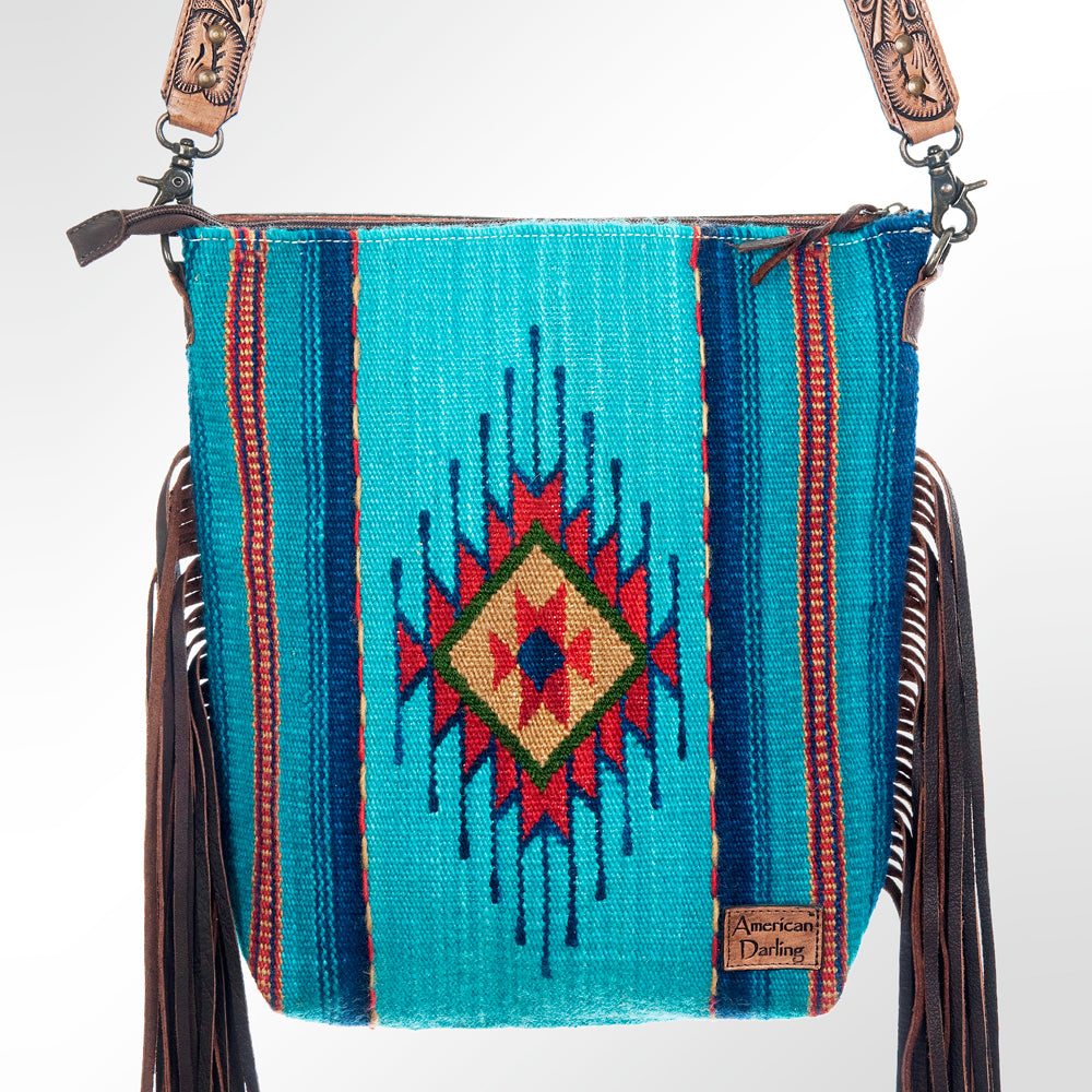 ADBG510 Tooled Leather & Saddle Blanket Crossbody Bag - Western Fringe Purse by American Darling