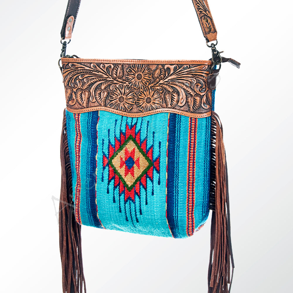 ADBG510 Tooled Leather & Saddle Blanket Crossbody Bag - Western Fringe Purse by American Darling
