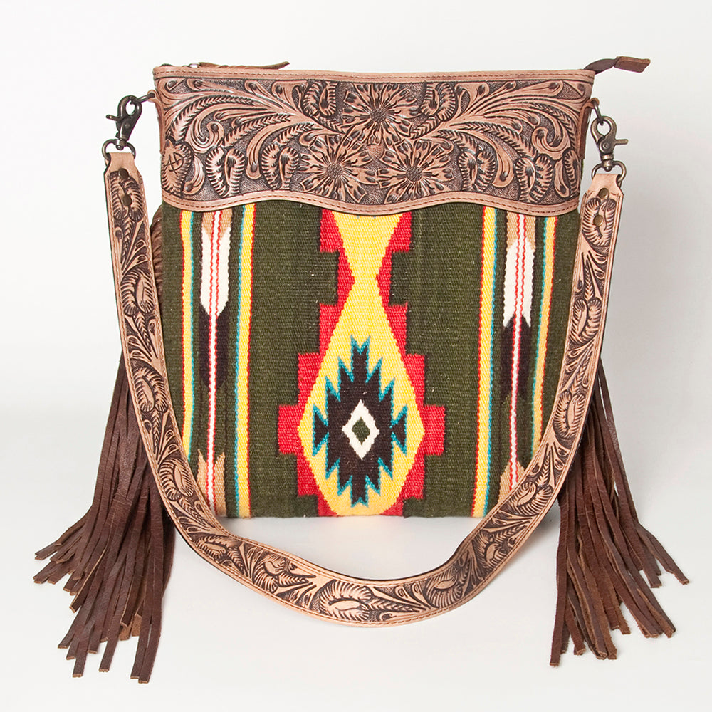 ADBG510 Tooled Leather & Saddle Blanket Crossbody Bag - Western Fringe Purse by American Darling