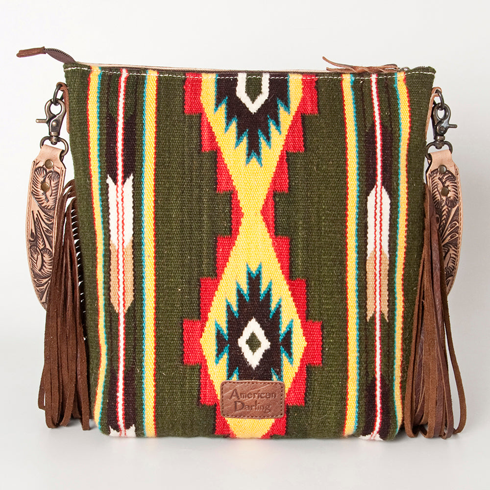 ADBG510 Tooled Leather & Saddle Blanket Crossbody Bag - Western Fringe Purse by American Darling