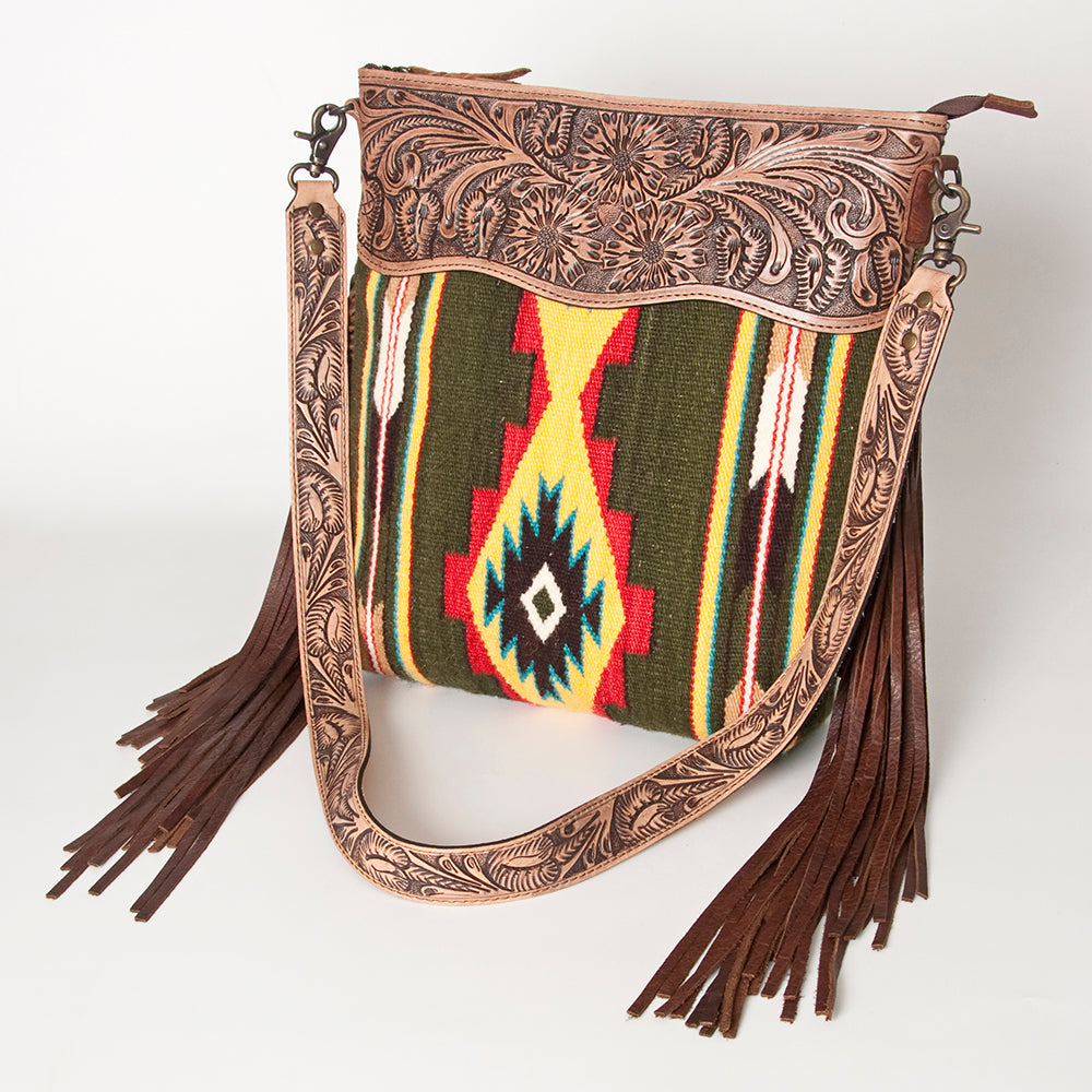 ADBG510 Tooled Leather & Saddle Blanket Crossbody Bag - Western Fringe Purse by American Darling