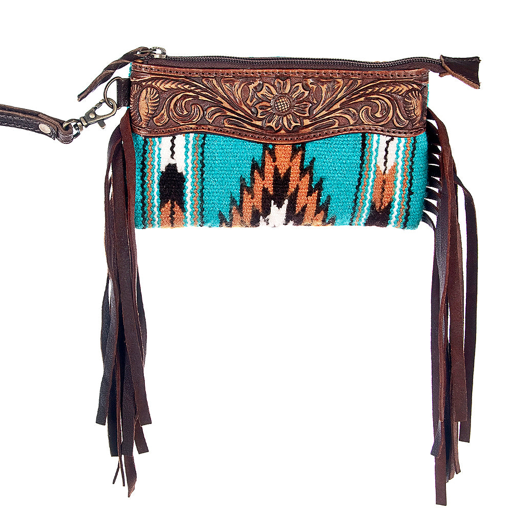 LC-ADBGZ178 Woven Wool & Tooled Leather Wristlet Crossbody with Fringe - Southwestern Style