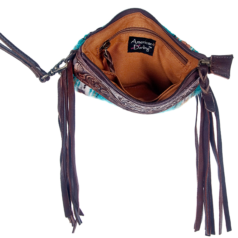 LC-ADBGZ178 Woven Wool & Tooled Leather Wristlet Crossbody with Fringe - Southwestern Style