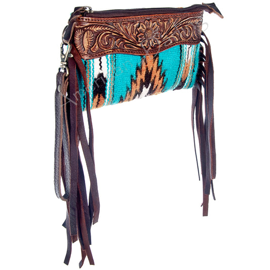 LC-ADBGZ178 Woven Wool & Tooled Leather Wristlet Crossbody with Fringe - Southwestern Style