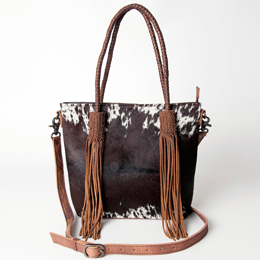 ADBG511BRW Genuine Cowhide Tote Bag with Braided Leather Fringe Straps Western Shoulder & Crossbody