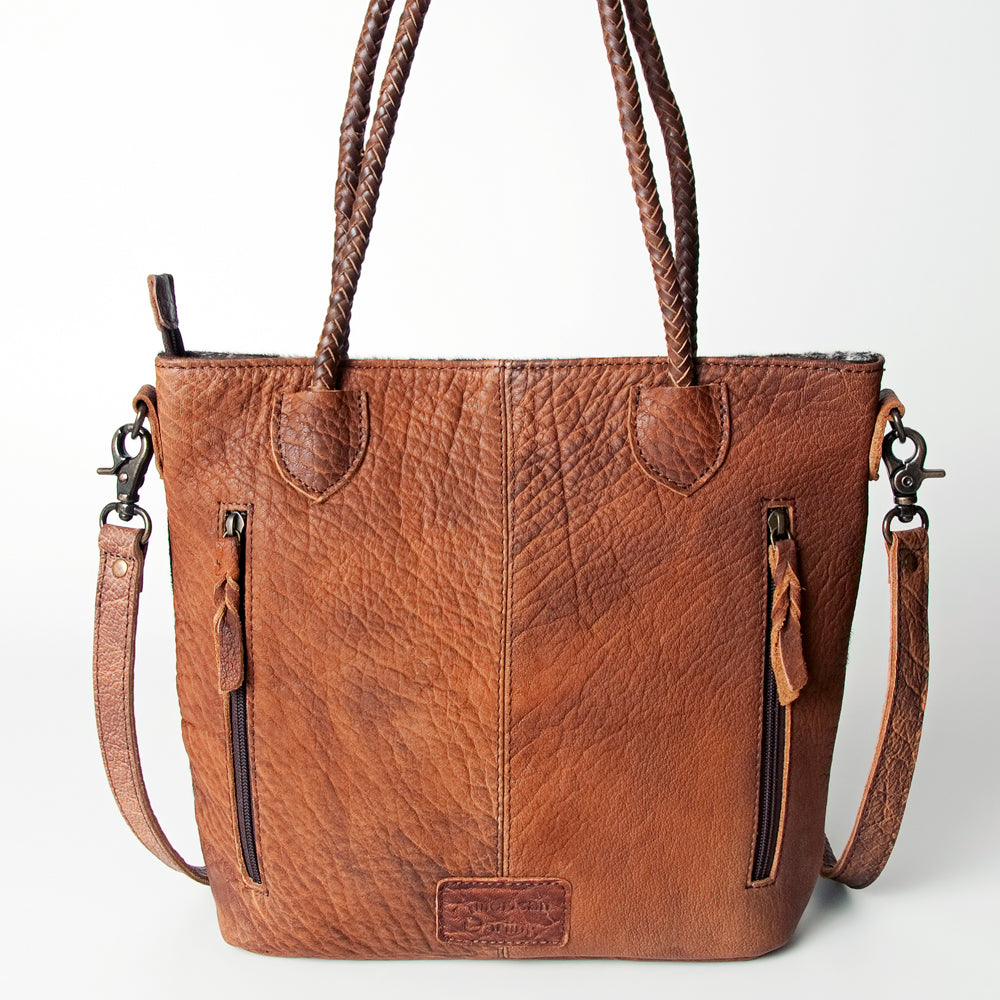 ADBG511BRW Genuine Cowhide Tote Bag with Braided Leather Fringe Straps Western Shoulder & Crossbody