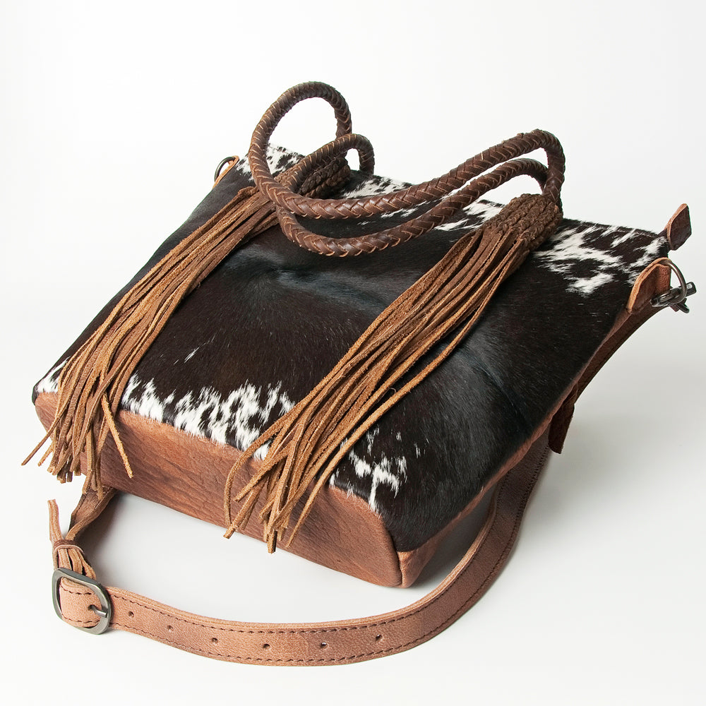 ADBG511BRW Genuine Cowhide Tote Bag with Braided Leather Fringe Straps Western Shoulder & Crossbody